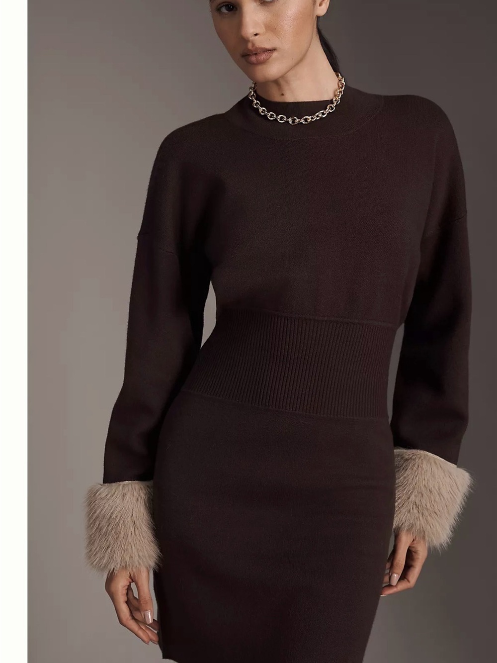 Anthropologie Dark Brown Long-Sleeve Knit Dress with Faux-Fur Cuffs